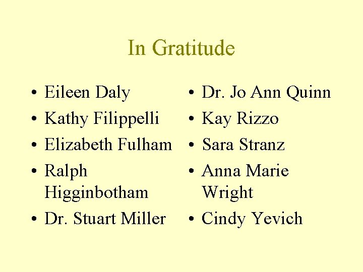 In Gratitude • • Eileen Daly Kathy Filippelli Elizabeth Fulham Ralph Higginbotham • Dr.
