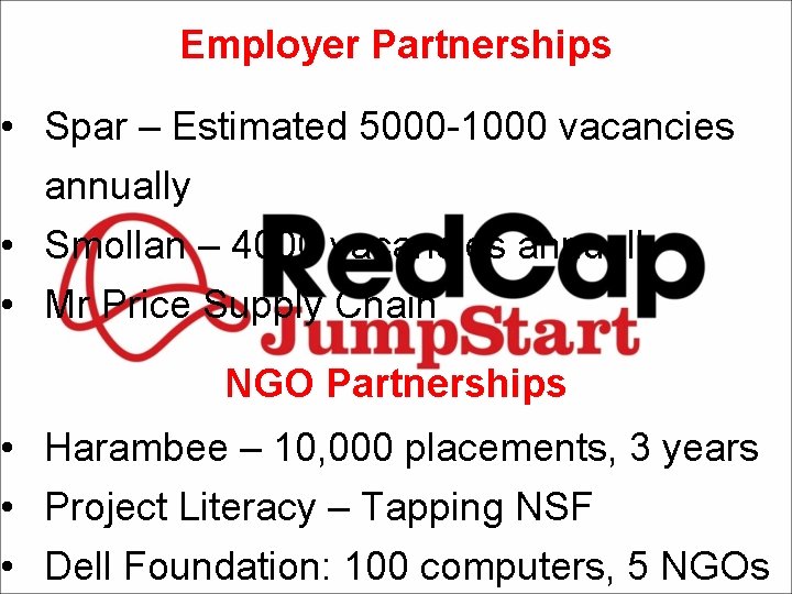 Employer Partnerships • Spar – Estimated 5000 -1000 vacancies annually • Smollan – 4000