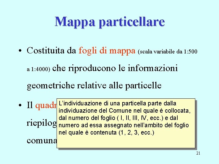 Mappa particellare • Costituita da fogli di mappa (scala variabile da 1: 500 a