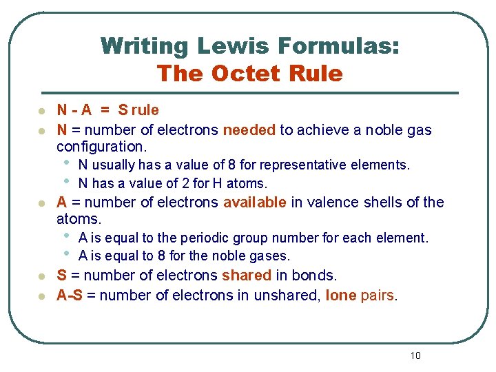 Writing Lewis Formulas: The Octet Rule l l N - A = S rule