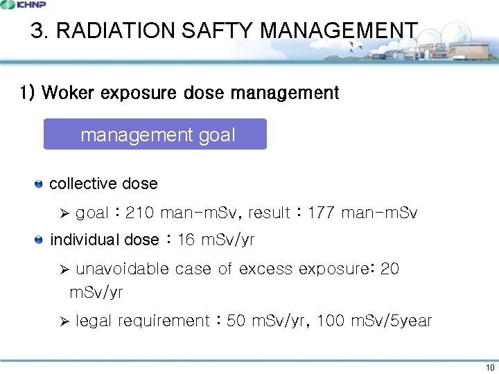 3. RADIATION SAFTY MANAGEMENT 1) Woker exposure dose management goal collective dose Ø goal