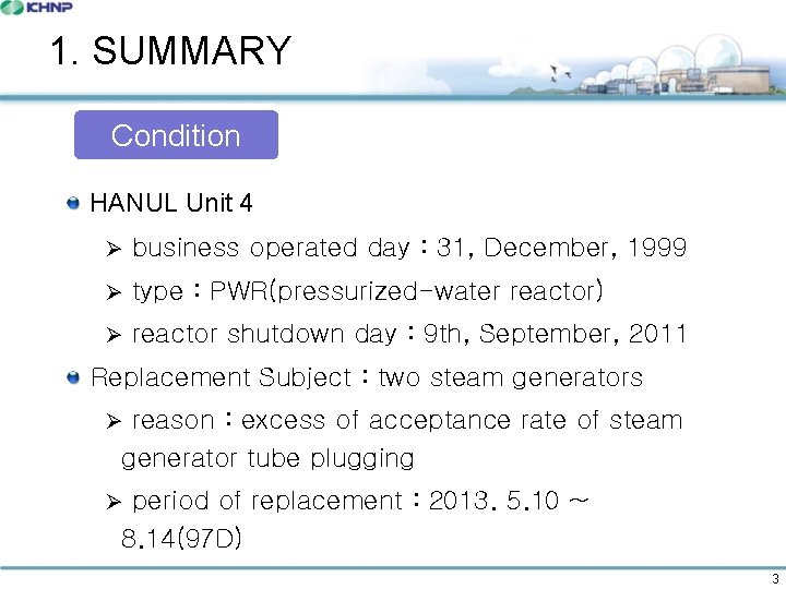 1. SUMMARY Condition HANUL Unit 4 Ø business operated day : 31, December, 1999