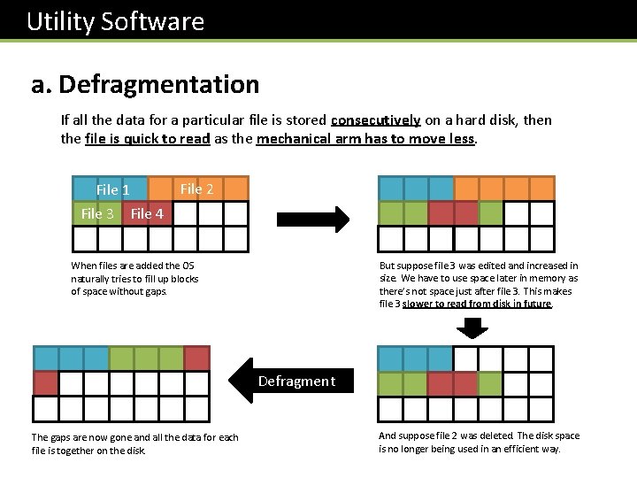 Utility Software a. Defragmentation If all the data for a particular file is stored