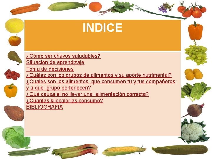 INDICE ¿Cómo ser chavos saludables? Situación de aprendizaje Toma de decisiones ¿Cuáles son los