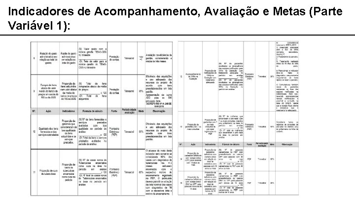 Indicadores de Acompanhamento, Avaliação e Metas (Parte Variável 1): 