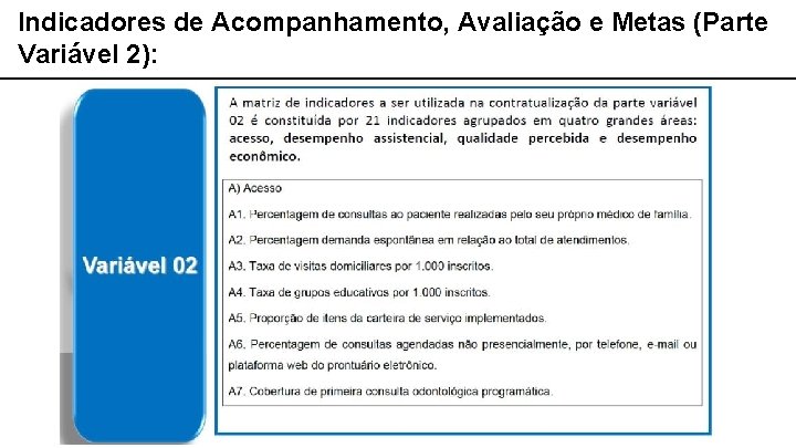 Indicadores de Acompanhamento, Avaliação e Metas (Parte Variável 2): 