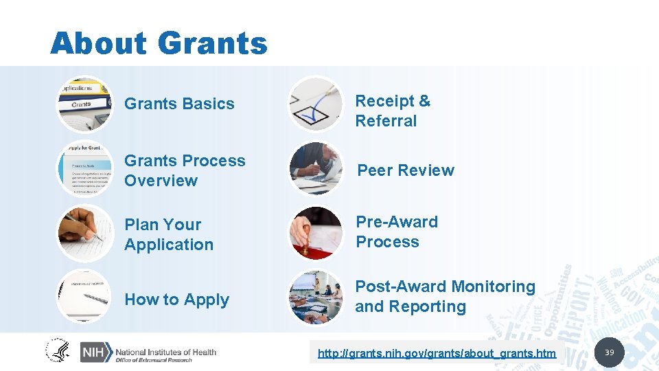 About Grants Basics Receipt & Referral Grants Process Overview Peer Review Plan Your Application