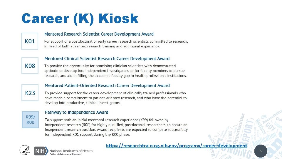 Career (K) Kiosk https: //researchtraining. nih. gov/programs/career-development 6 