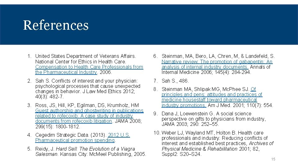 References 1. United States Department of Veterans Affairs. National Center for Ethics in Health