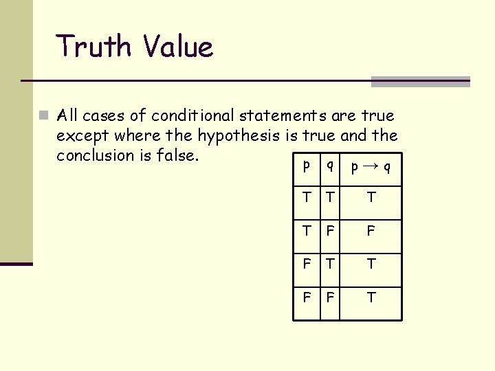 Truth Value n All cases of conditional statements are true except where the hypothesis
