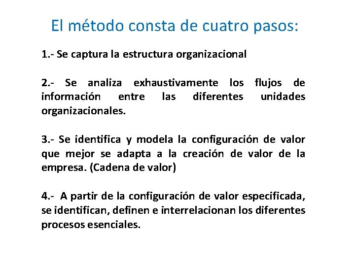 El método consta de cuatro pasos: 1. - Se captura la estructura organizacional 2. El método consta de cuatro pasos: 1. - Se captura la estructura organizacional 2.