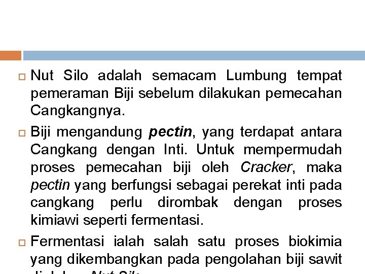  Nut Silo adalah semacam Lumbung tempat pemeraman Biji sebelum dilakukan pemecahan Cangkangnya. Biji