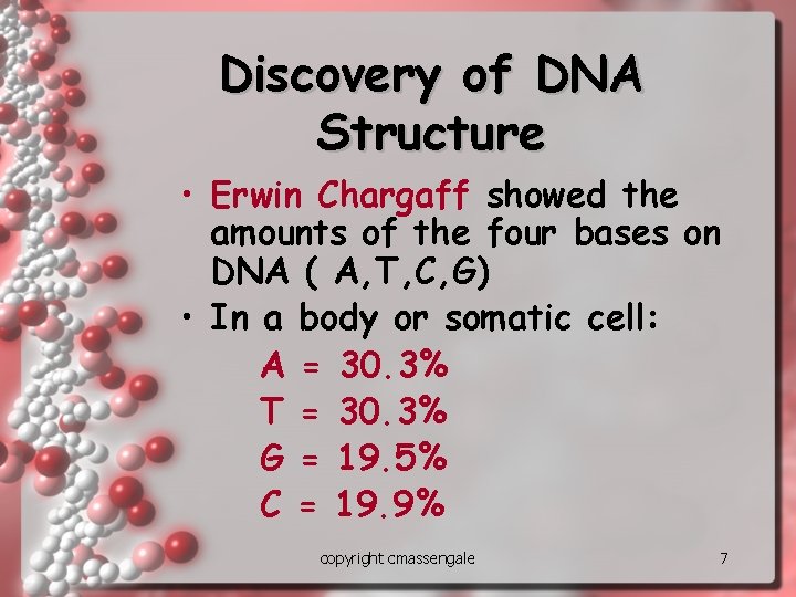 Discovery of DNA Structure • Erwin Chargaff showed the amounts of the four bases