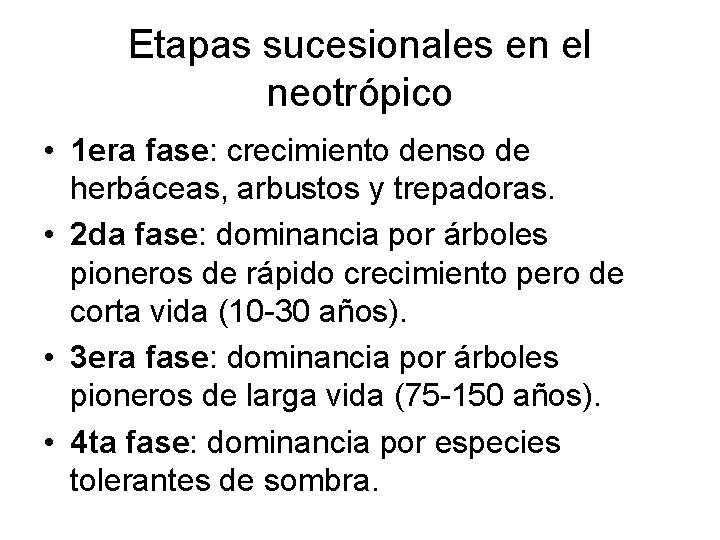 Etapas sucesionales en el neotrópico • 1 era fase: crecimiento denso de herbáceas, arbustos