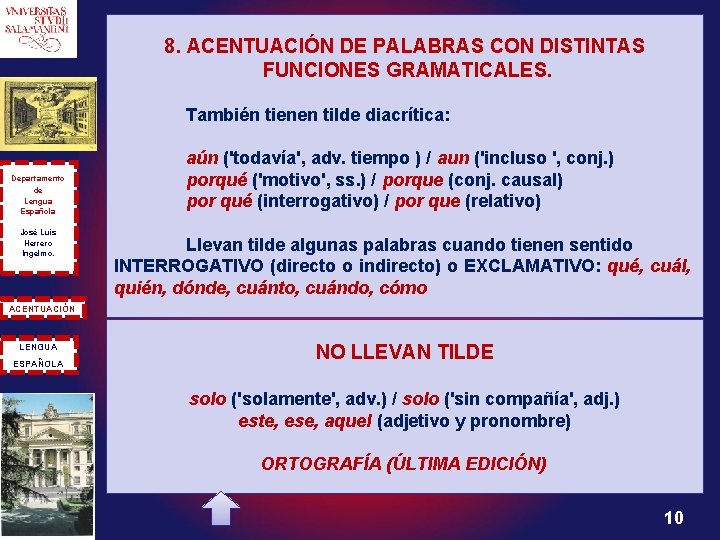 8. ACENTUACIÓN DE PALABRAS CON DISTINTAS FUNCIONES GRAMATICALES. También tienen tilde diacrítica: Departamento de