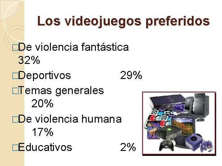 Los videojuegos preferidos �De violencia fantástica 32% �Deportivos 29% �Temas generales 20% �De violencia