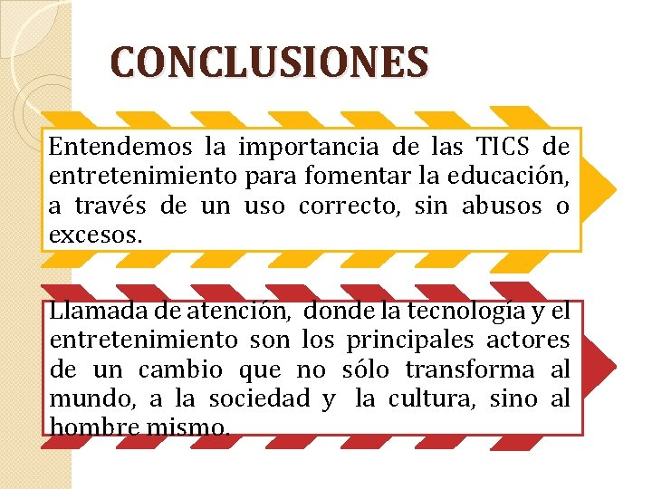 CONCLUSIONES Entendemos la importancia de las TICS de entretenimiento para fomentar la educación, a