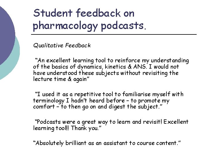 Student feedback on pharmacology podcasts. Qualitative Feedback “An excellent learning tool to reinforce my