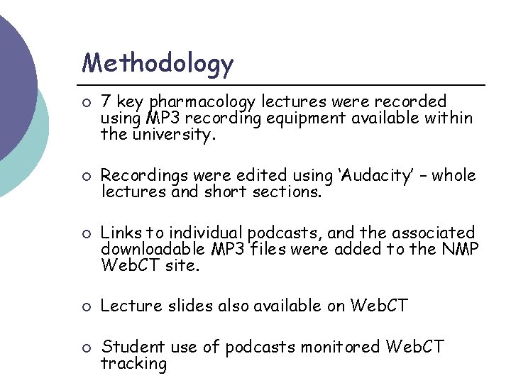 Methodology ¡ ¡ ¡ 7 key pharmacology lectures were recorded using MP 3 recording