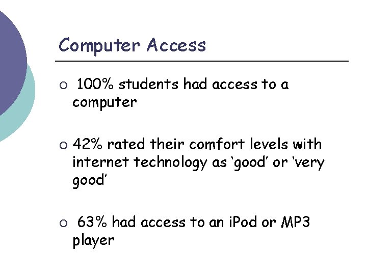 Computer Access ¡ ¡ ¡ 100% students had access to a computer 42% rated