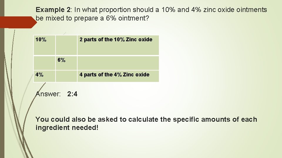 Example 2: In what proportion should a 10% and 4% zinc oxide ointments be