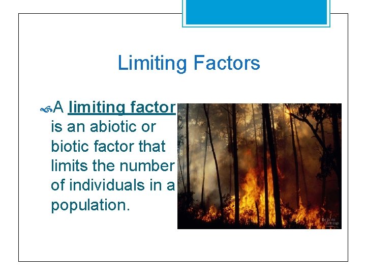 Limiting Factors A limiting factor is an abiotic or biotic factor that limits the