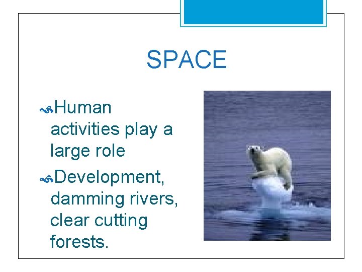 SPACE Human activities play a large role Development, damming rivers, clear cutting forests. 