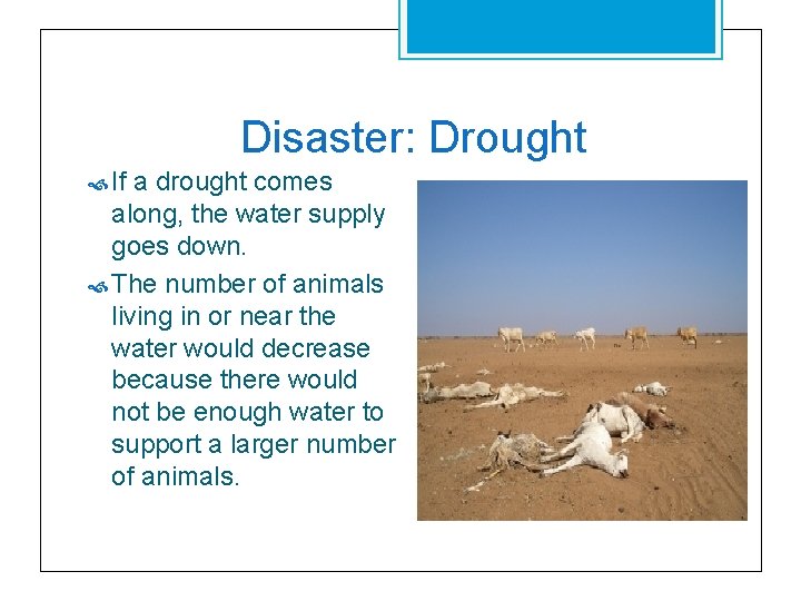 Disaster: Drought If a drought comes along, the water supply goes down. The number