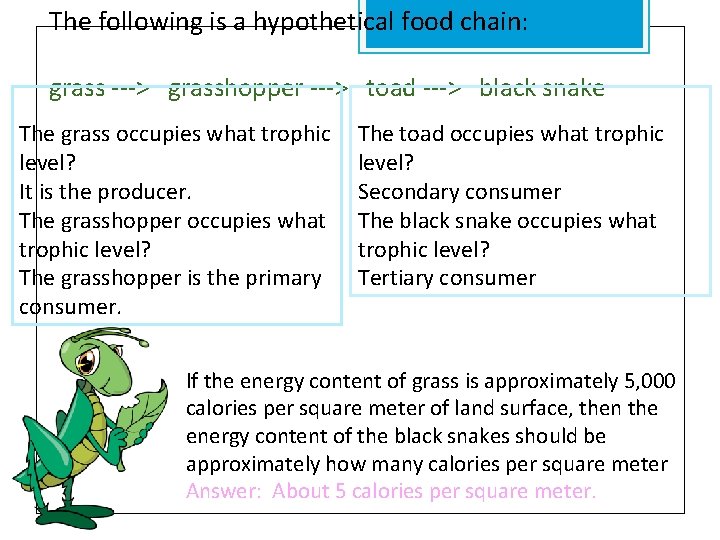 The following is a hypothetical food chain: grass ---> grasshopper ---> toad ---> black