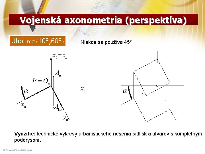 Vojenská axonometria (perspektíva) Uhol 10°, 60° Niekde sa používa 45° Využitie: technické výkresy urbanistického