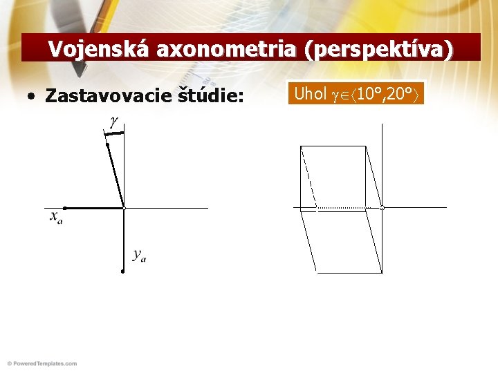 Vojenská axonometria (perspektíva) • Zastavovacie štúdie: Uhol g 10°, 20° 