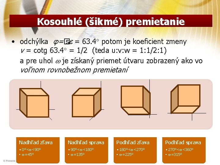 Kosouhlé (šikmé) premietanie • odchýlka φ=� sε = 63. 4 potom je koeficient zmeny