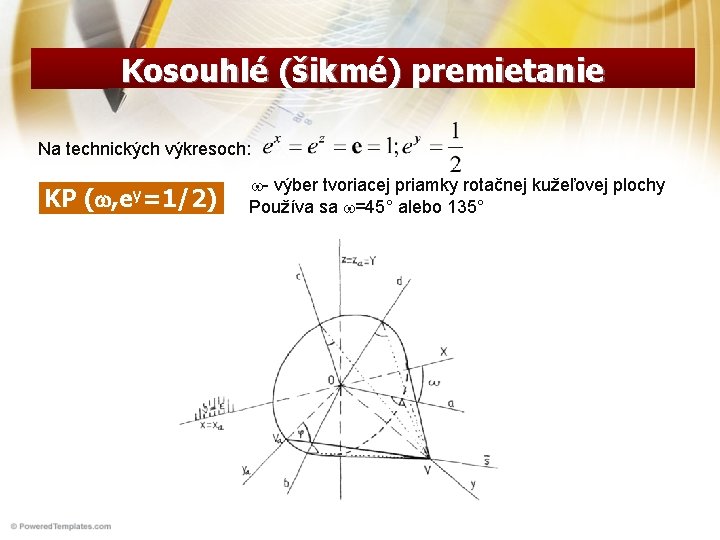 Kosouhlé (šikmé) premietanie Na technických výkresoch: KP ( , ey=1/2) w- výber tvoriacej priamky