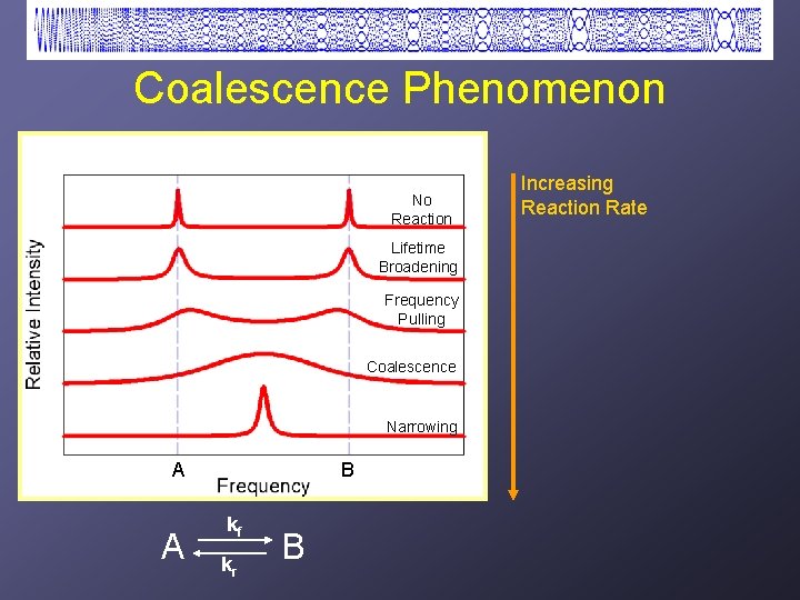 Coalescence Phenomenon No Reaction Lifetime Broadening Frequency Pulling Coalescence Narrowing A A B kf