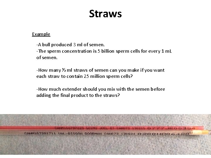 Straws Example -A bull produced 3 ml of semen. -The sperm concentration is 5