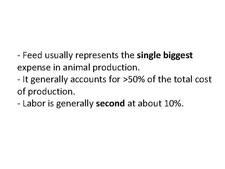 - Feed usually represents the single biggest expense in animal production. - It generally