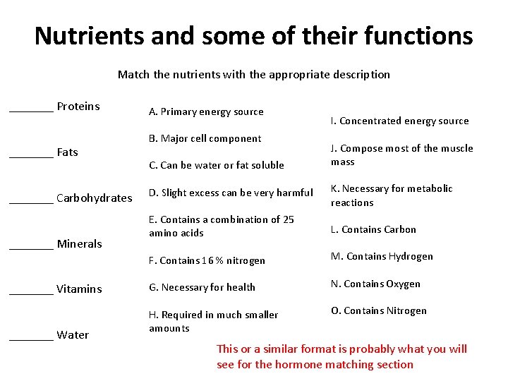 Nutrients and some of their functions Match the nutrients with the appropriate description _______