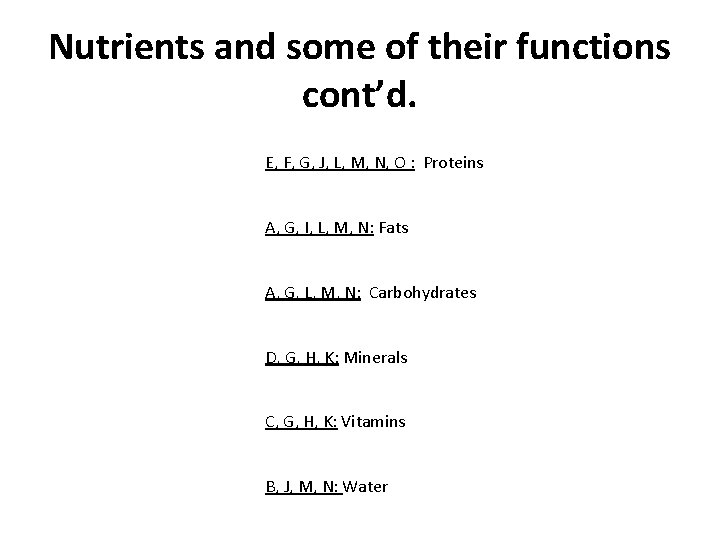 Nutrients and some of their functions cont’d. E, F, G, J, L, M, N,