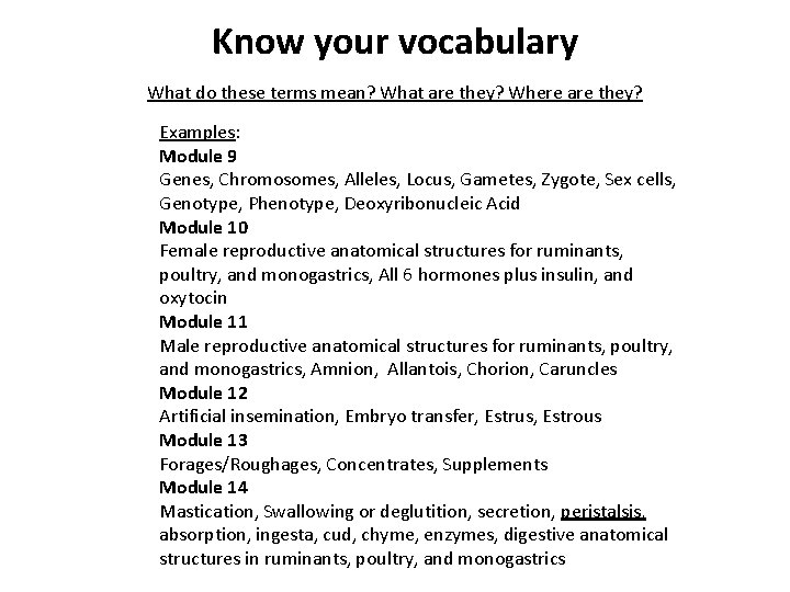 Know your vocabulary What do these terms mean? What are they? Where are they?