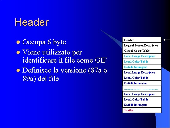 Header Occupa 6 byte l Viene utilizzato per identificare il file come GIF l