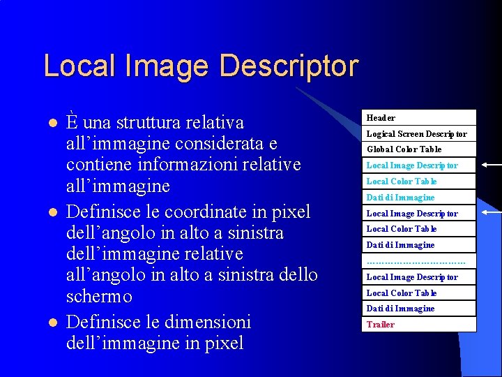 Local Image Descriptor l l l È una struttura relativa all’immagine considerata e contiene