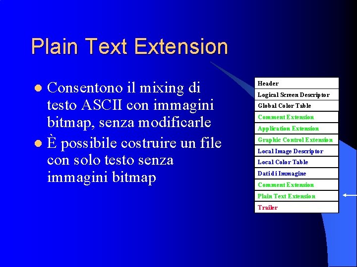 Plain Text Extension Consentono il mixing di testo ASCII con immagini bitmap, senza modificarle