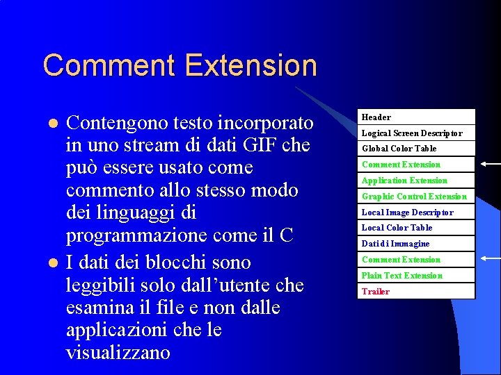 Comment Extension l l Contengono testo incorporato in uno stream di dati GIF che