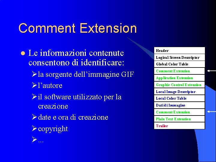 Comment Extension l Le informazioni contenute consentono di identificare: Ø la sorgente dell’immagine GIF