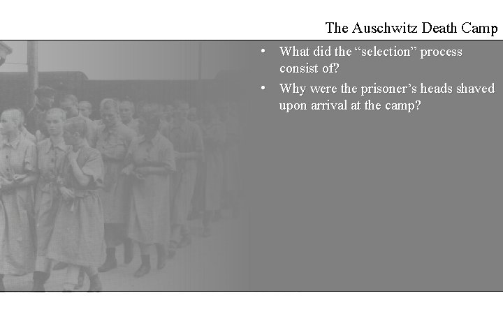 The Auschwitz Death Camp • What did the “selection” process consist of? • Why