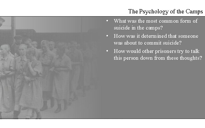 The Psychology of the Camps • What was the most common form of suicide