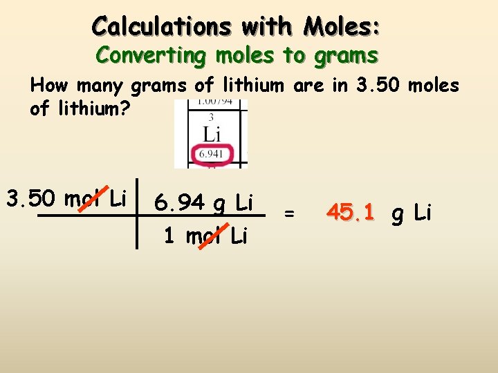 Calculations with Moles: Converting moles to grams How many grams of lithium are in