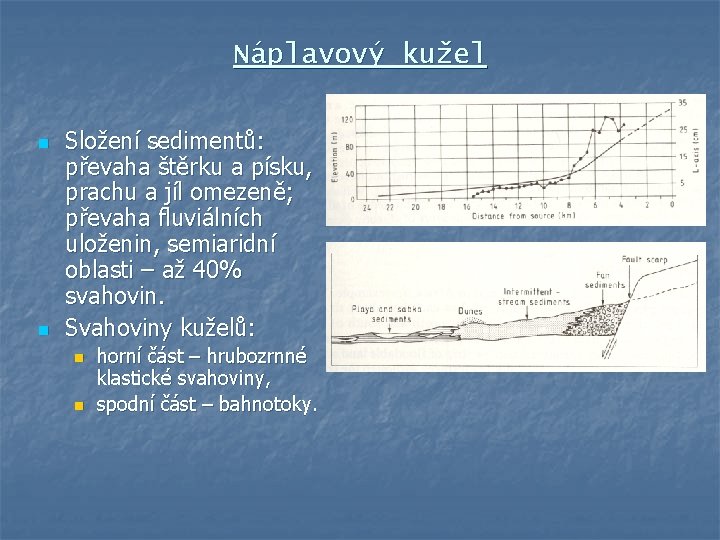 Náplavový kužel n n Složení sedimentů: převaha štěrku a písku, prachu a jíl omezeně;