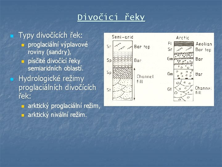 Divočící řeky n Typy divočících řek: n n n proglaciální výplavové roviny (sandry), písčité