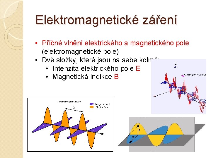 Elektromagnetické záření • Příčné vlnění elektrického a magnetického pole (elektromagnetické pole) • Dvě složky,